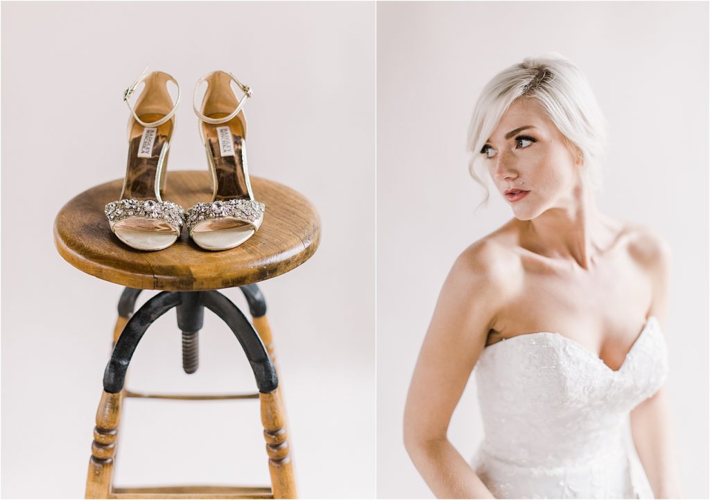 Wedding shoes on stool, Bride in White Wedding Dress Looking over her shoulder