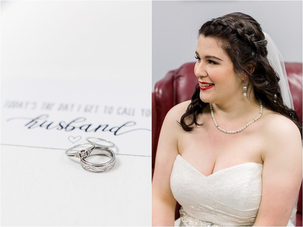 Left picture of the rings on top of letter to the brides future husband, Right picture a bridal portrait