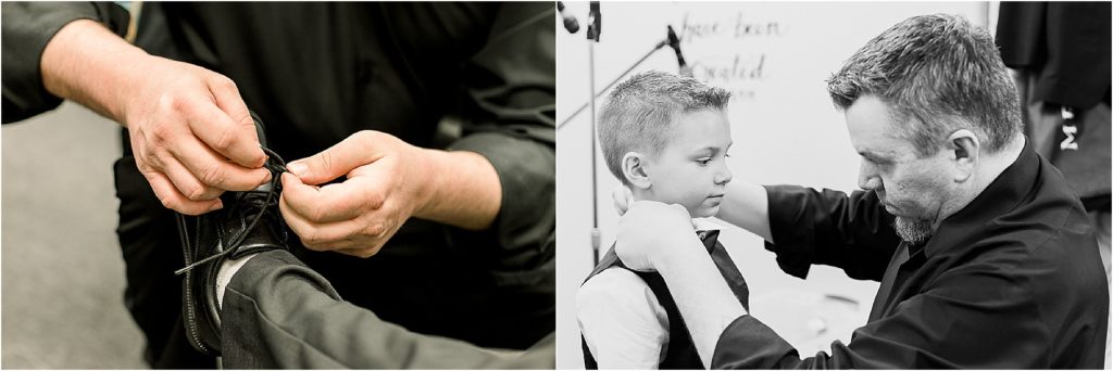 Groom helping his son tie his shoes and fix his bowtie