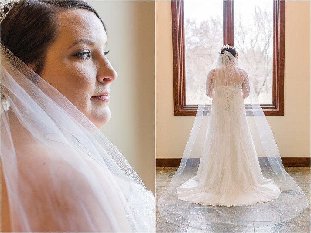 Profile Image of a bride wearing a veil and crown, and an image of a bride looking out a window from behind. 
