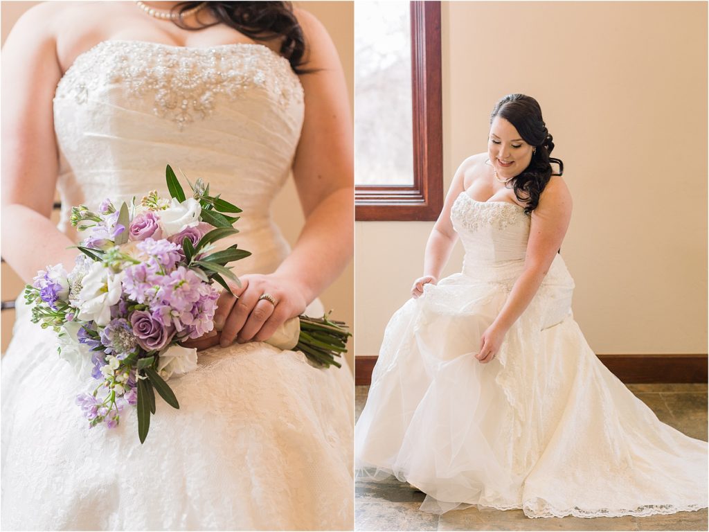 Close up of bride's purple, white, and green bouquet and her engagement ring, and an image of bride fluffing her dress.